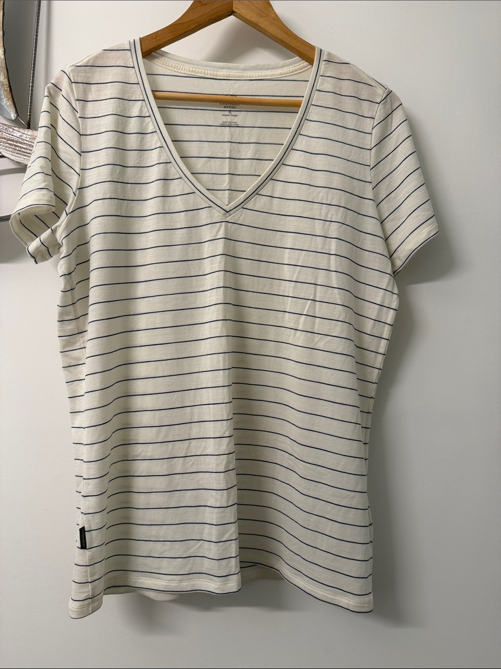 Icebreaker Women's V-Neck Short Sleeve Tee in Cream with Navy Stripes